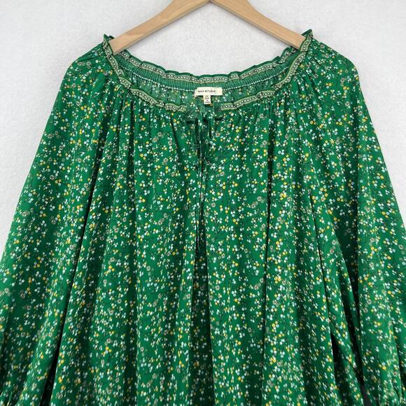 MAX STUDIO Top 2X Plus Floral Crepe Ruffle Tie Neck Blouse Balloon Sleeve Green - Picture 3 of 14